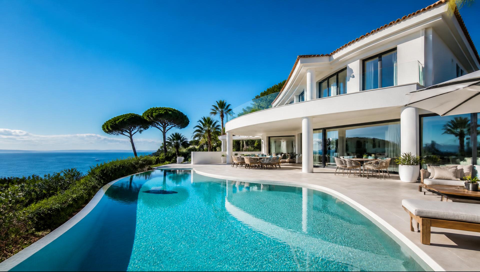 Villa contemporaine de luxe sur la Côte d'Azur avec piscine à débordement turquoise et vue sur la Méditerranée